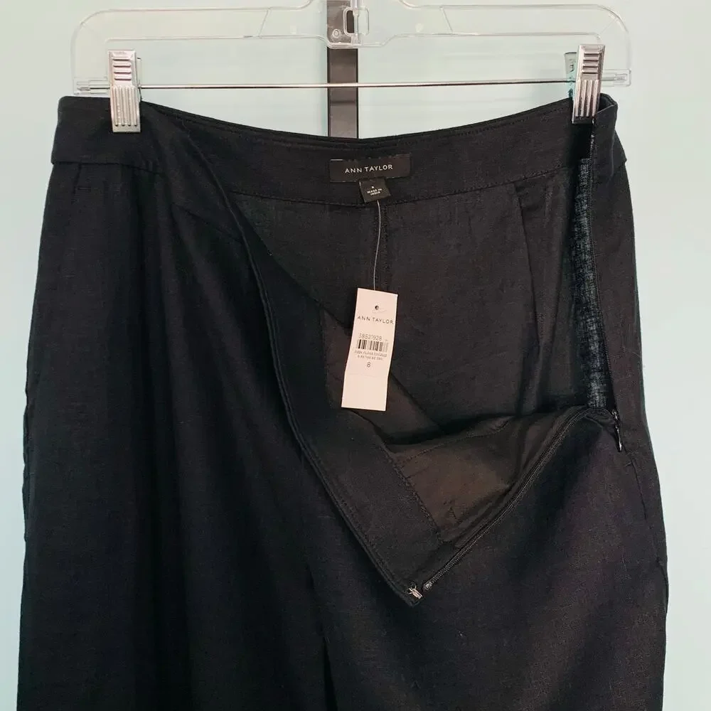 NWT Ann Taylor Linen Wide Leg Pants With Ricrac Scalloped Hem In Black Size 8 - Picture 8 of 10